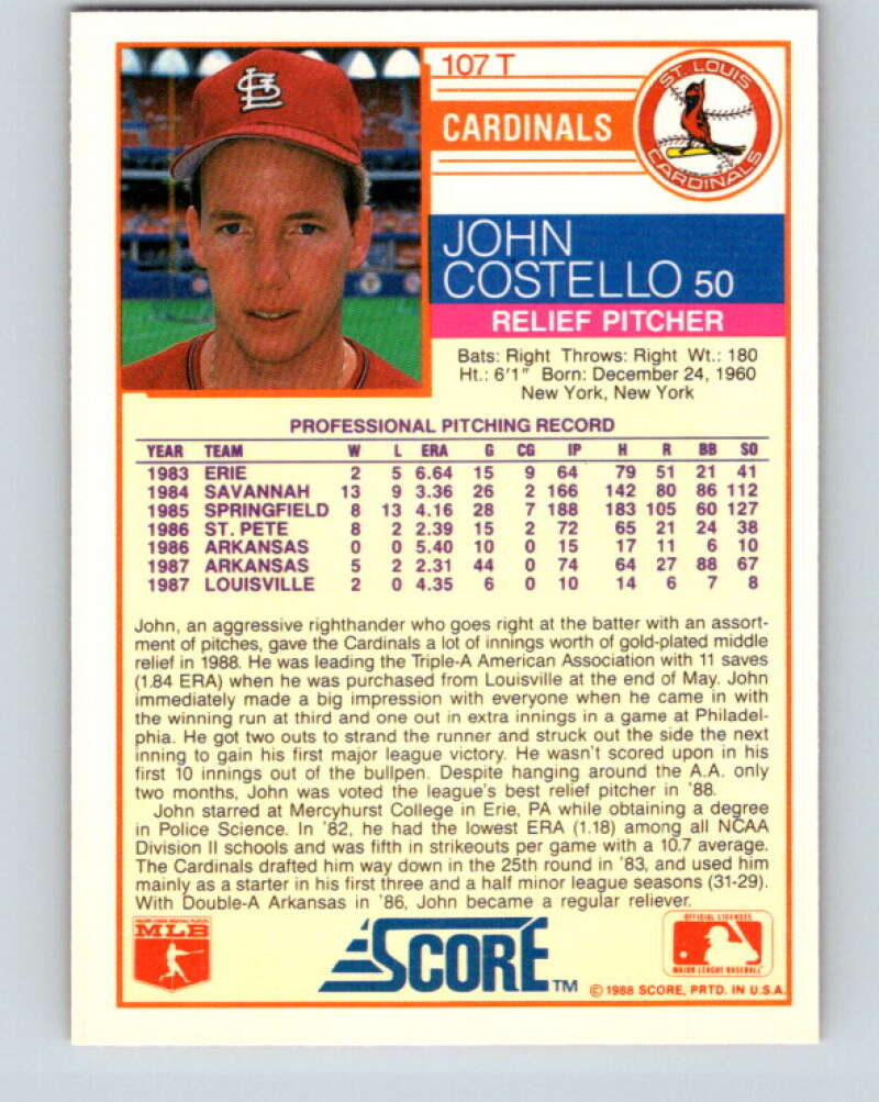 1988 Score Rookie and Traded #107T John Costello Mint RC Rookie St. Louis Cardinals  Image 2