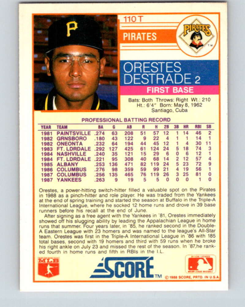 1988 Score Rookie and Traded #110T Orestes Destrade Mint RC Rookie Pittsburgh Pirates