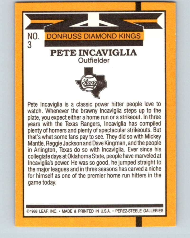 1989 Donruss #3 Pete Incaviglia DK Mint Texas Rangers  Image 2