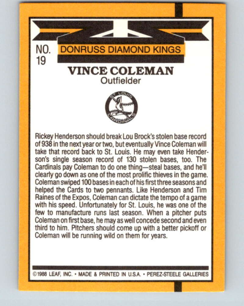1989 Donruss #19 Vince Coleman DK DP Mint St. Louis Cardinals  Image 2