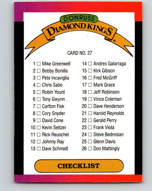 1989 Donruss #27 Diamond Kings Checklist 1-26 DP Mint Checklist