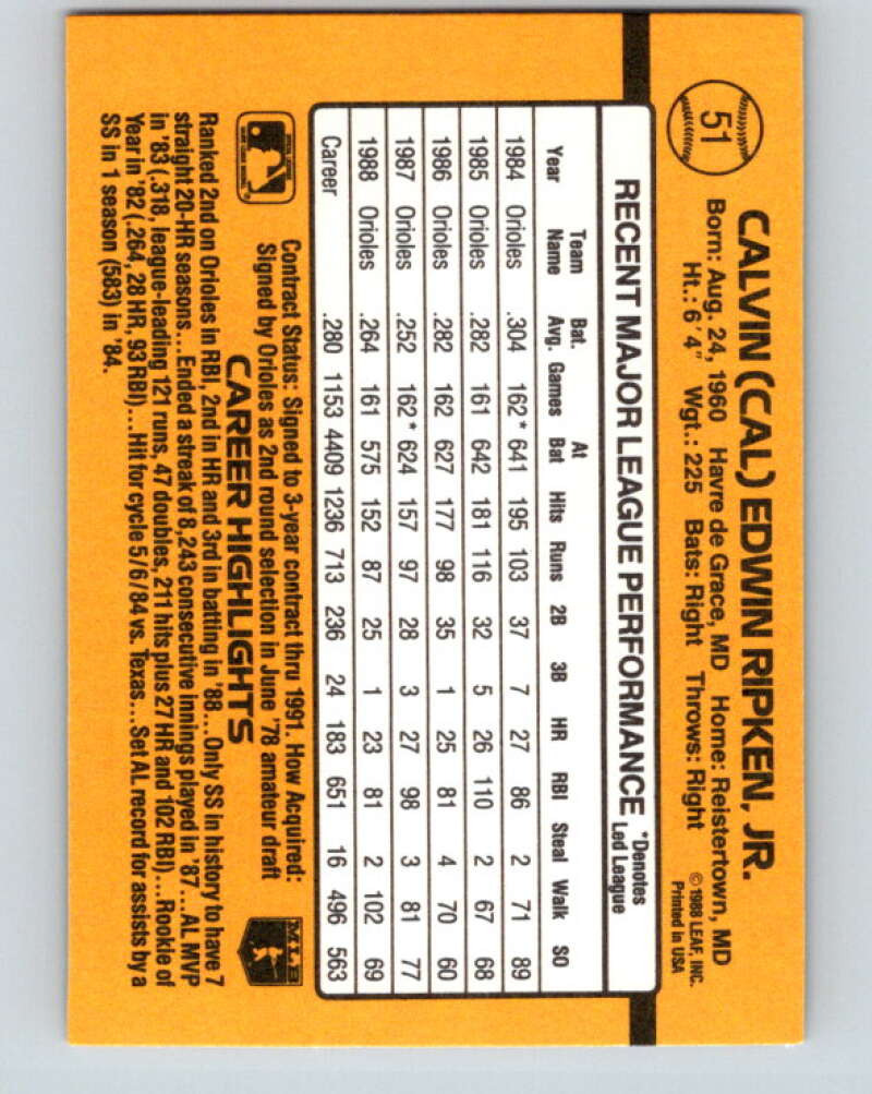 1989 Donruss #51 Cal Ripken Jr. Mint Baltimore Orioles  Image 2