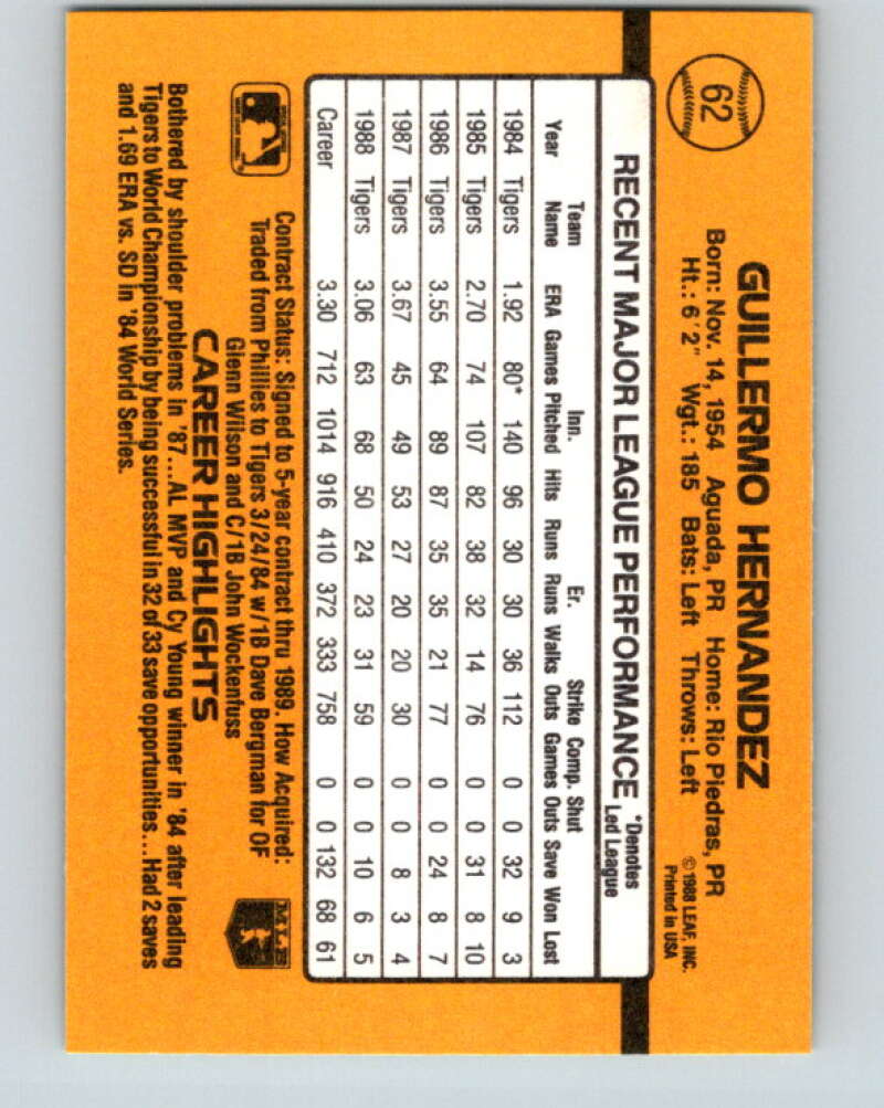 1989 Donruss #62 Guillermo Hernandez Mint Detroit Tigers  Image 2