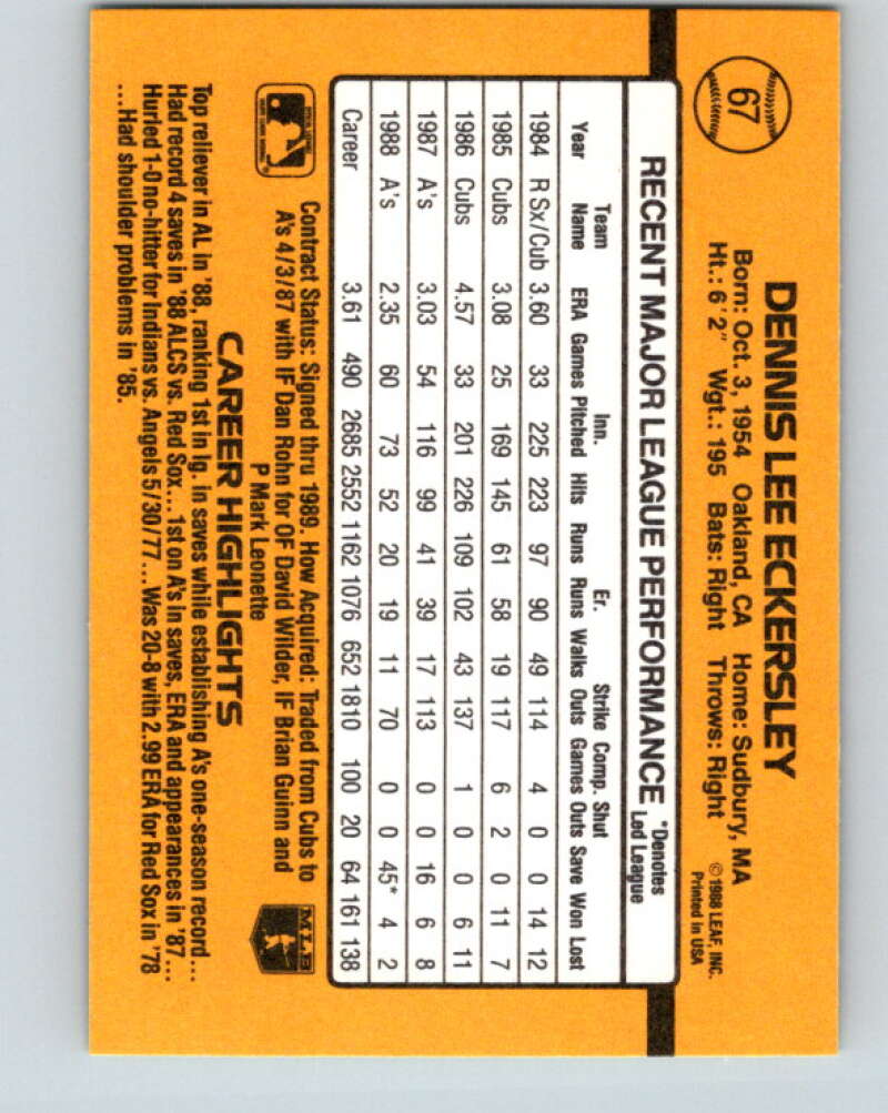 1989 Donruss #67 Dennis Eckersley Mint Oakland Athletics