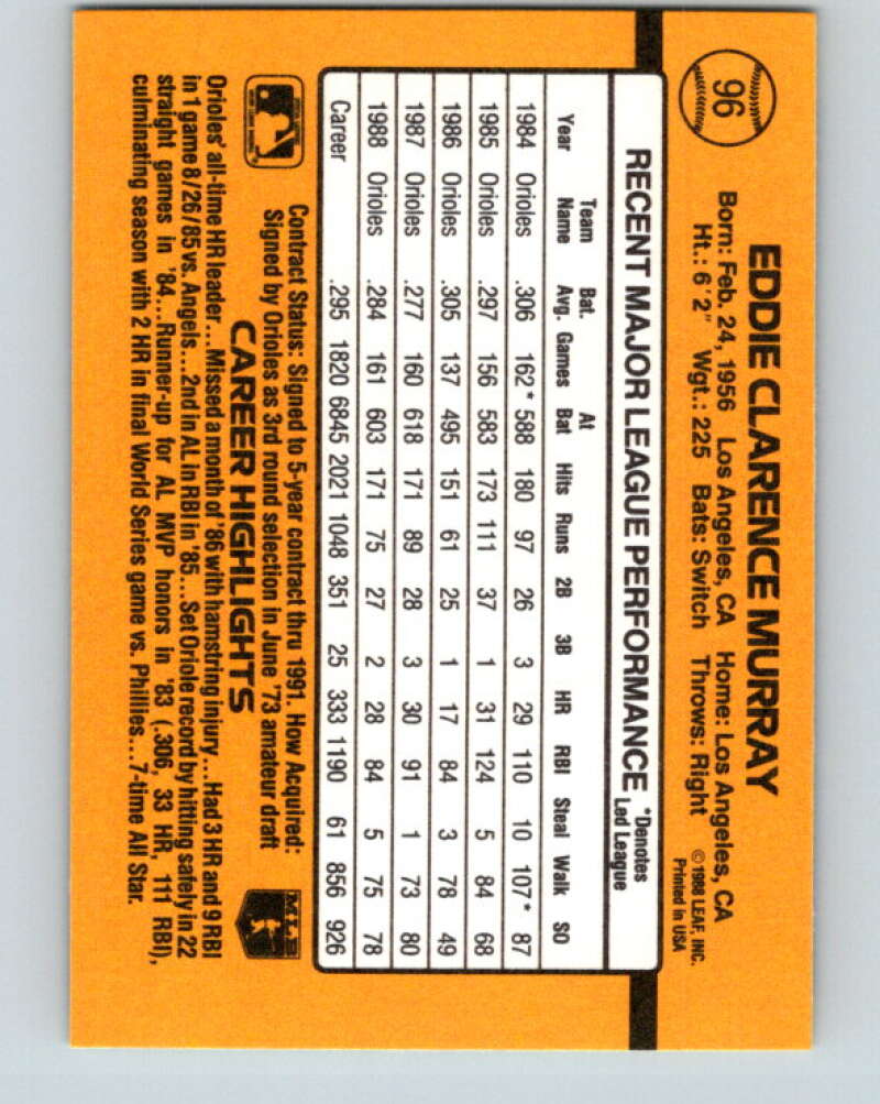 1989 Donruss #96 Eddie Murray Mint Baltimore Orioles  Image 2
