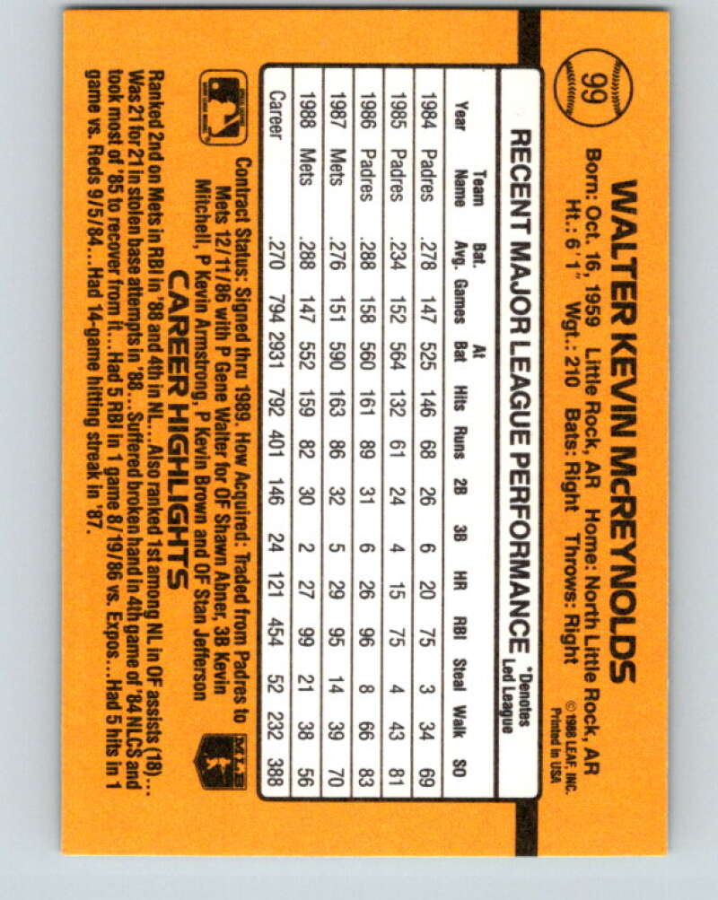 1989 Donruss #99 Kevin McReynolds Mint New York Mets  Image 2