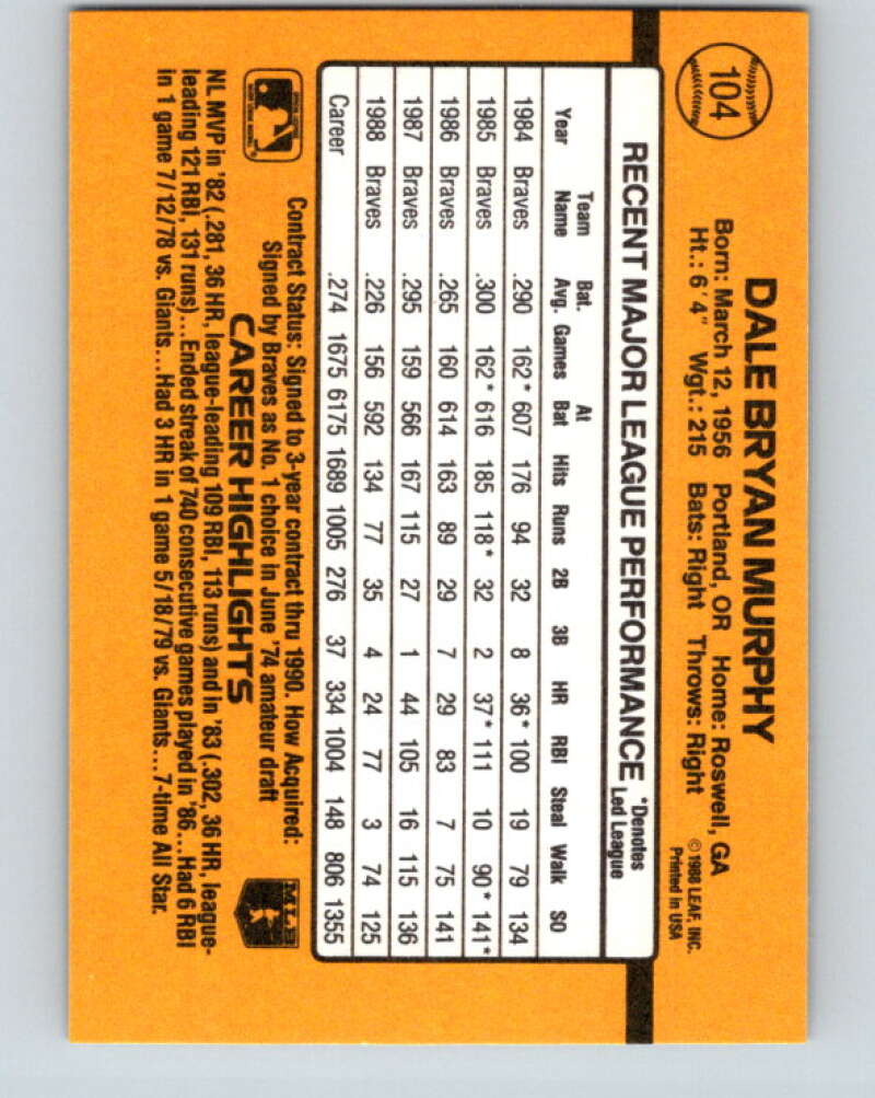 1989 Donruss #104 Dale Murphy Mint Atlanta Braves  Image 2