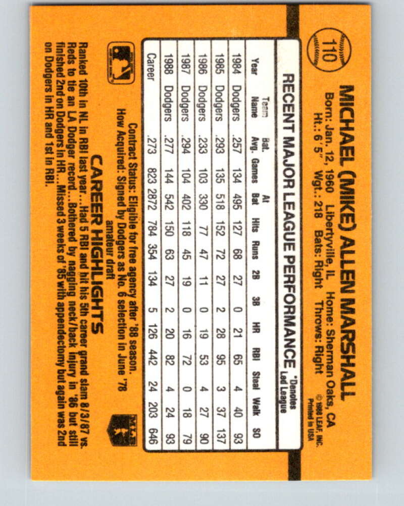 1989 Donruss #110 Mike Marshall Mint Los Angeles Dodgers  Image 2