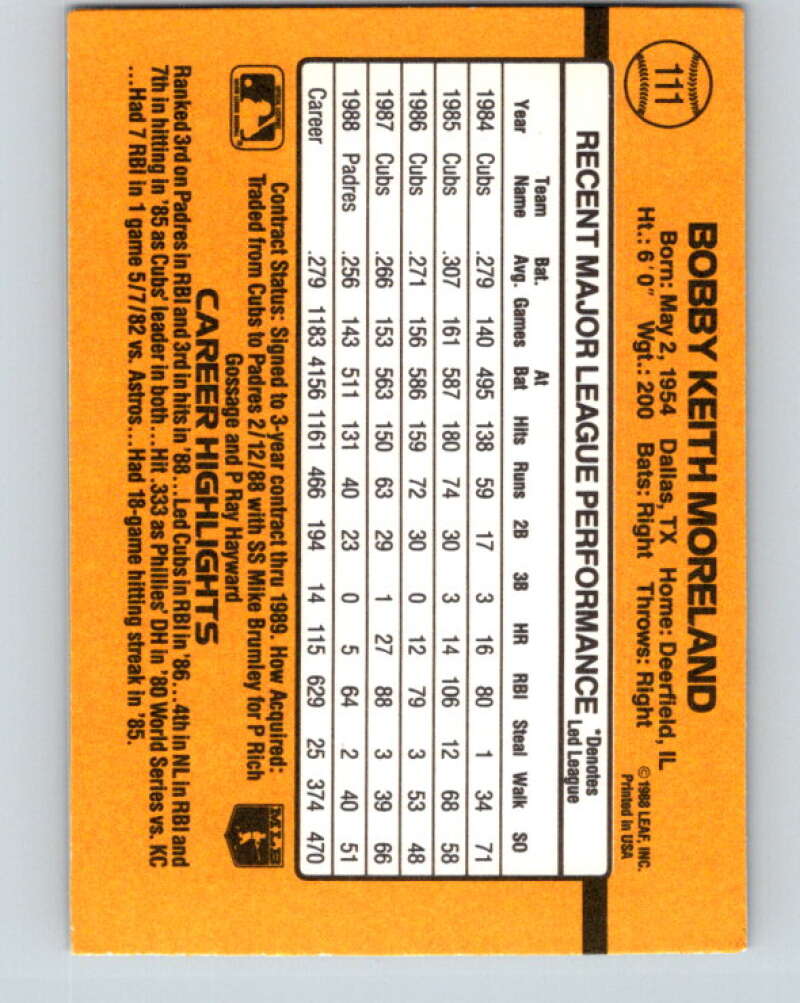 1989 Donruss #111 Keith Moreland Mint San Diego Padres  Image 2