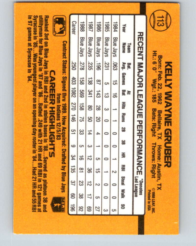 1989 Donruss #113 Kelly Gruber UER Mint Toronto Blue Jays  Image 2