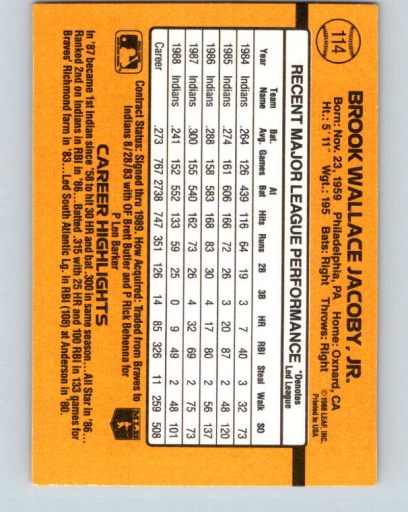 1989 Donruss #114 Brook Jacoby Mint Cleveland Indians  Image 2