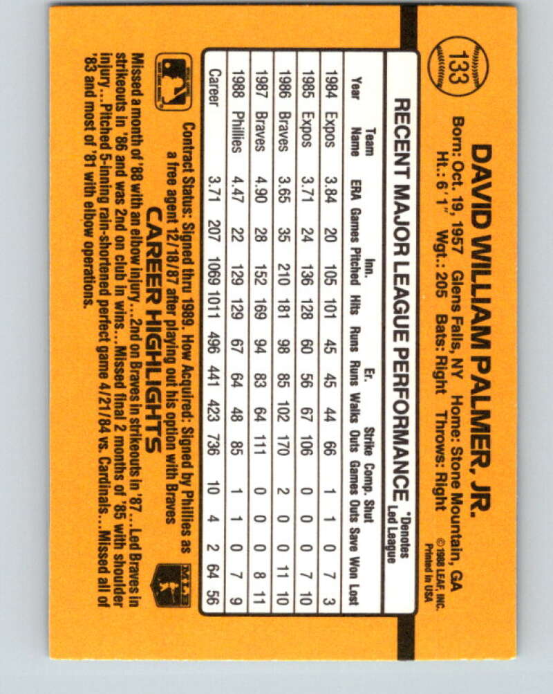 1989 Donruss #133 David Palmer Mint Philadelphia Phillies  Image 2