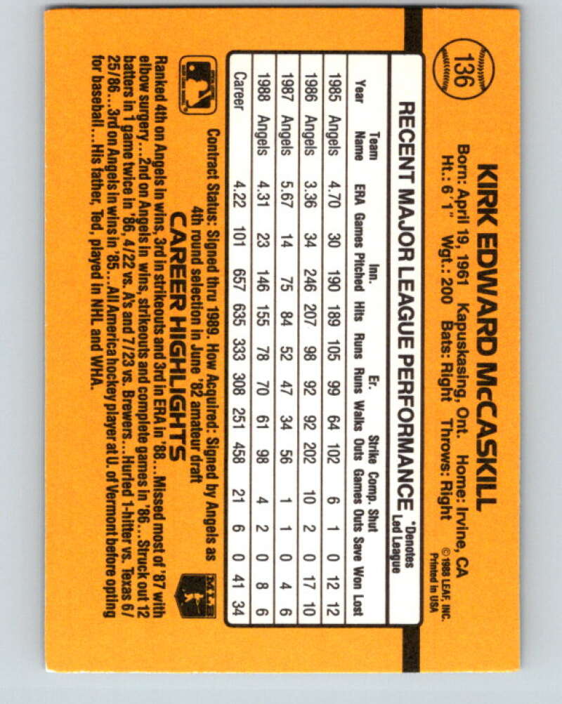 1989 Donruss #136 Kirk McCaskill UER Mint California Angels  Image 2