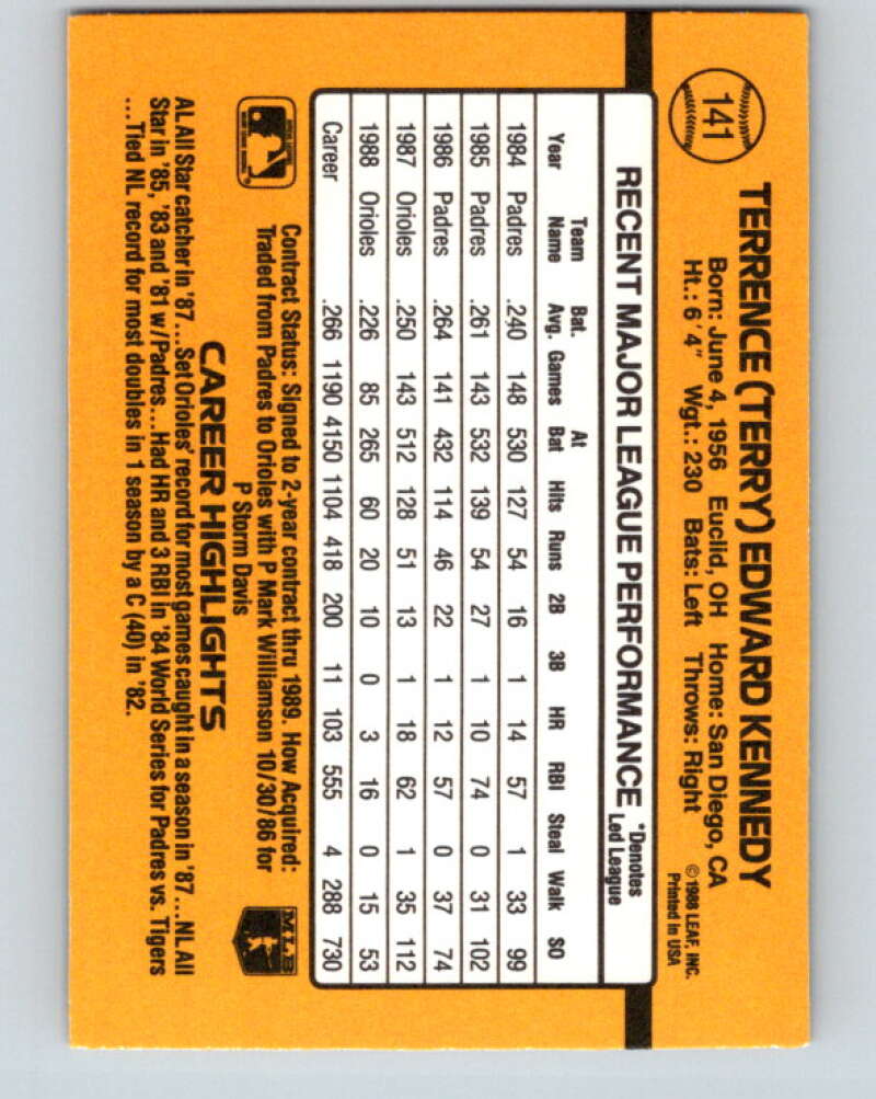 1989 Donruss #141 Terry Kennedy Mint Baltimore Orioles  Image 2