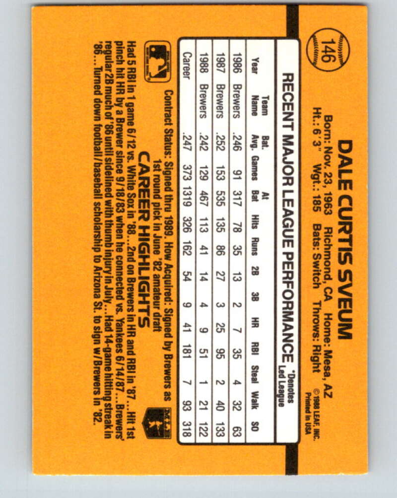 1989 Donruss #146 Dale Sveum Mint Milwaukee Brewers  Image 2
