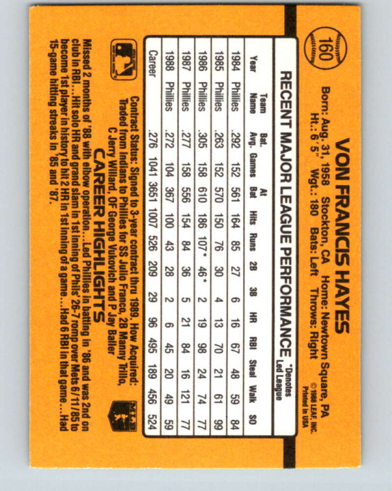 1989 Donruss #160 Von Hayes Mint Philadelphia Phillies  Image 2