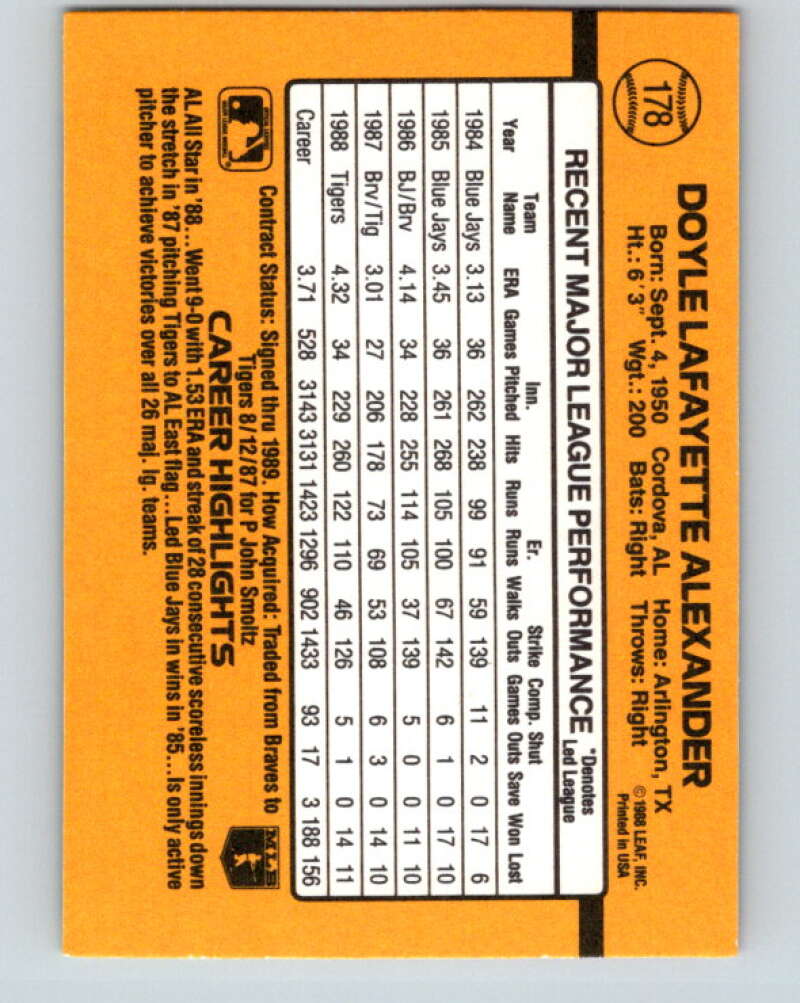 1989 Donruss #178 Doyle Alexander Mint Detroit Tigers  Image 2