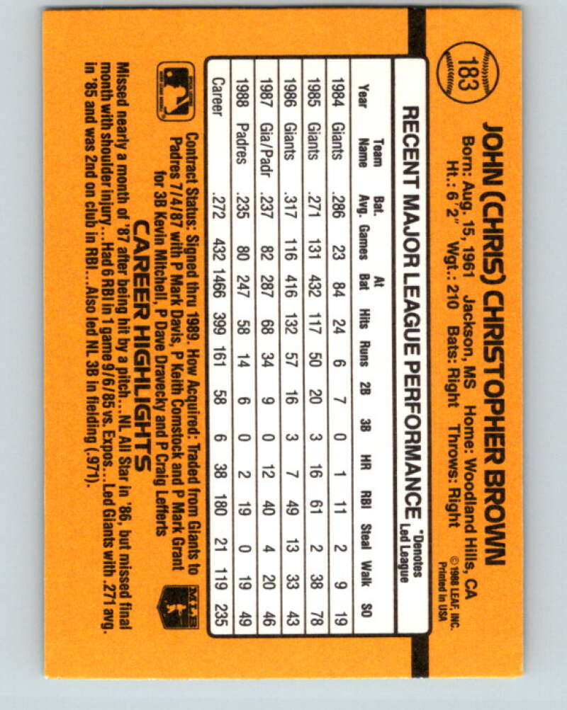 1989 Donruss #183 Chris Brown Mint San Diego Padres  Image 2