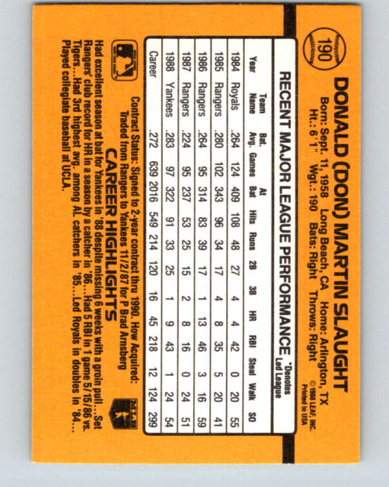 1989 Donruss #190 Don Slaught Mint New York Yankees  Image 2