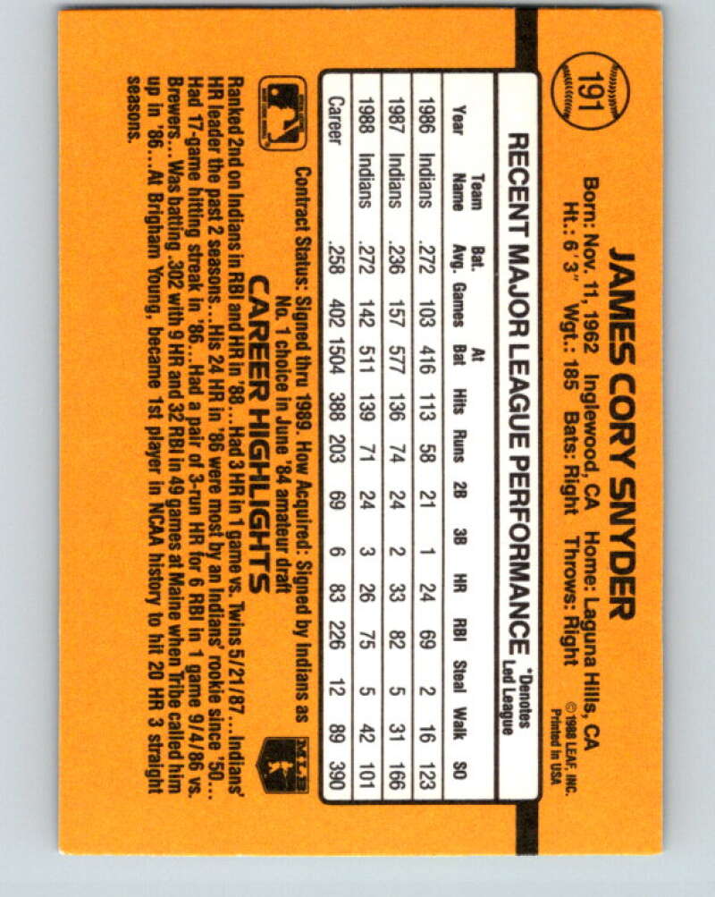 1989 Donruss #191 Cory Snyder Mint Cleveland Indians  Image 2