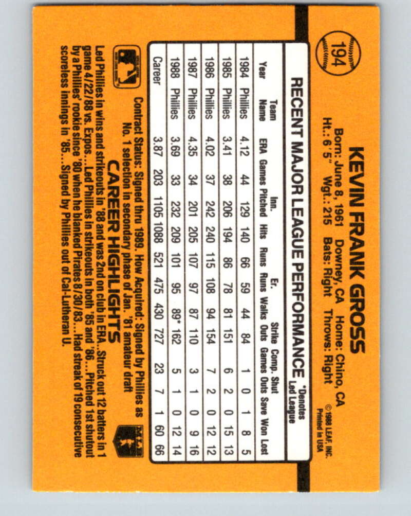 1989 Donruss #194 Kevin Gross Mint Philadelphia Phillies  Image 2