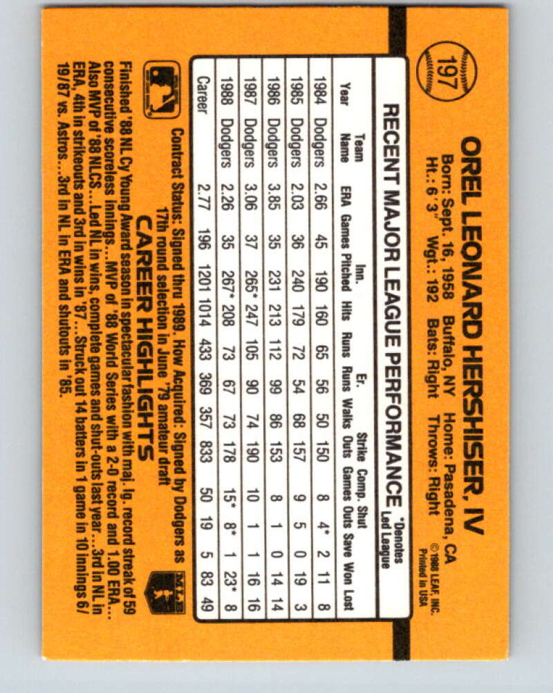 1989 Donruss #197 Orel Hershiser Mint Los Angeles Dodgers  Image 2