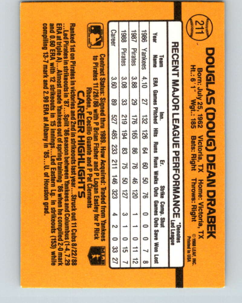 1989 Donruss #211 Doug Drabek Mint Pittsburgh Pirates