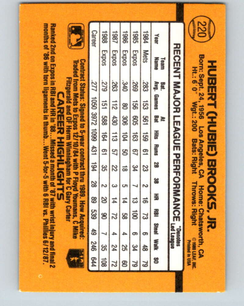 1989 Donruss #220 Hubie Brooks Mint Montreal Expos  Image 2