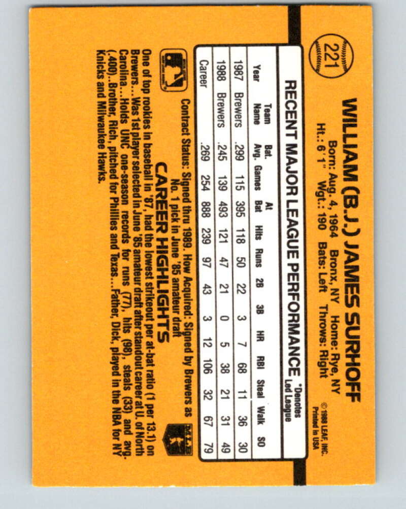 1989 Donruss #221 B.J. Surhoff Mint Milwaukee Brewers