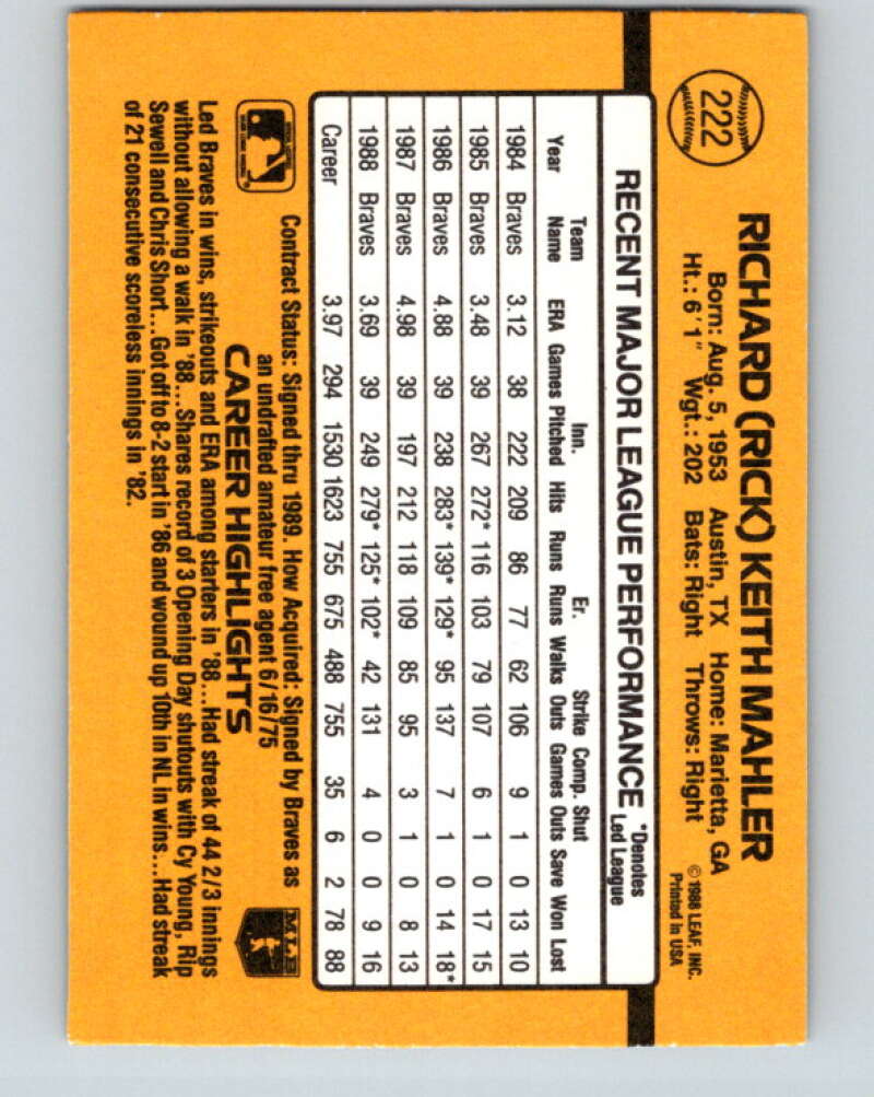 1989 Donruss #222 Rick Mahler Mint Atlanta Braves