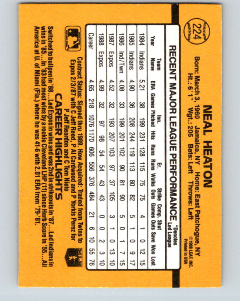 1989 Donruss #224 Neal Heaton Mint Montreal Expos  Image 2