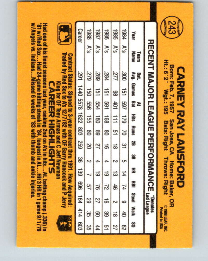 1989 Donruss #243 Carney Lansford Mint Oakland Athletics