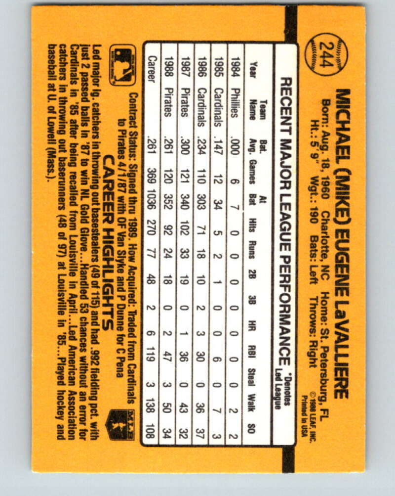 1989 Donruss #244 Mike LaValliere Mint Pittsburgh Pirates  Image 2