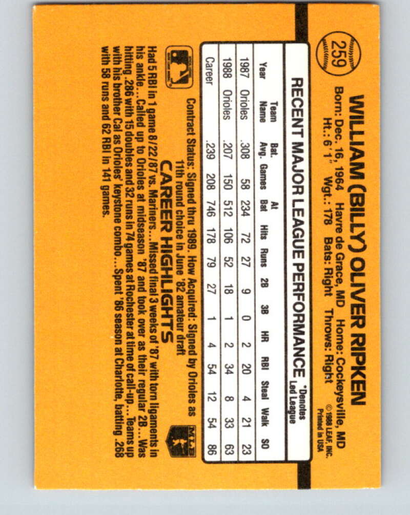 1989 Donruss #259 Billy Ripken Mint Baltimore Orioles  Image 2