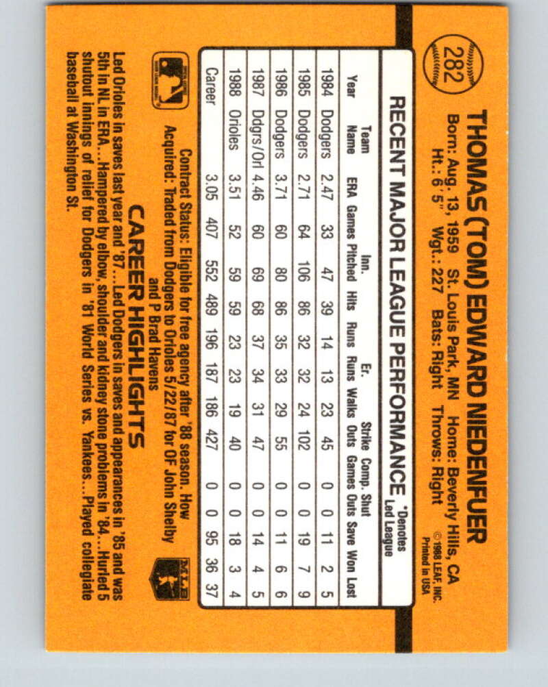 1989 Donruss #282 Tom Niedenfuer Mint Baltimore Orioles  Image 2