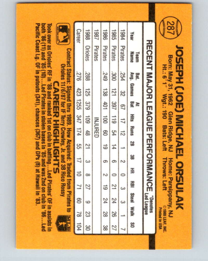 1989 Donruss #287 Joe Orsulak Mint Baltimore Orioles  Image 2