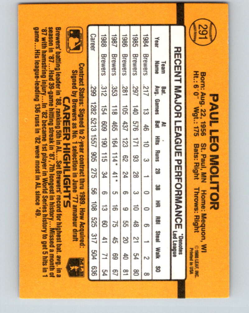 1989 Donruss #291 Paul Molitor Mint Milwaukee Brewers  Image 2