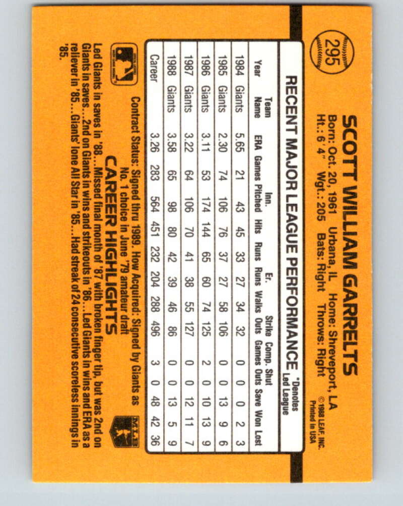 1989 Donruss #295 Scott Garrelts UER Mint San Francisco Giants  Image 2