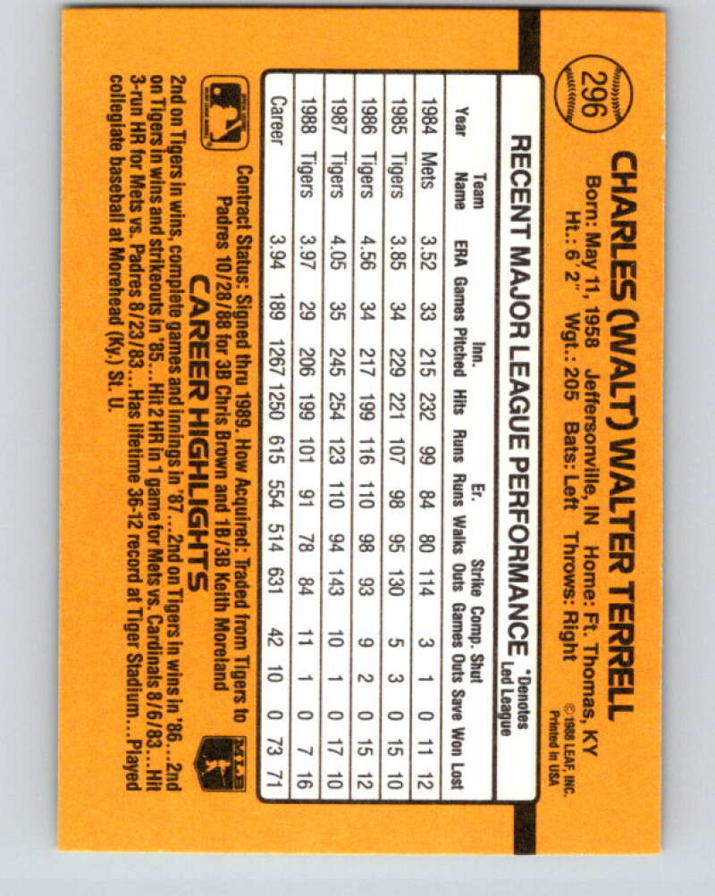 1989 Donruss #296 Walt Terrell Mint Detroit Tigers  Image 2