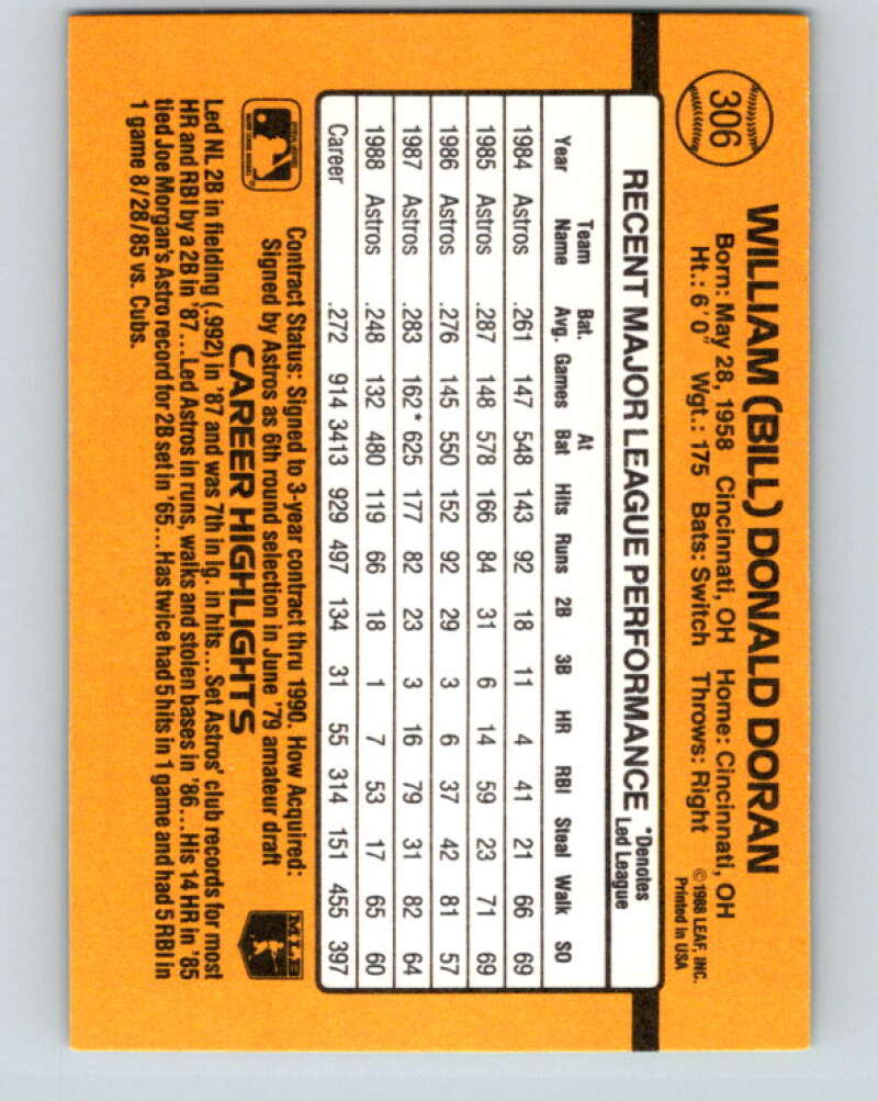 1989 Donruss #306 Bill Doran Mint Houston Astros  Image 2