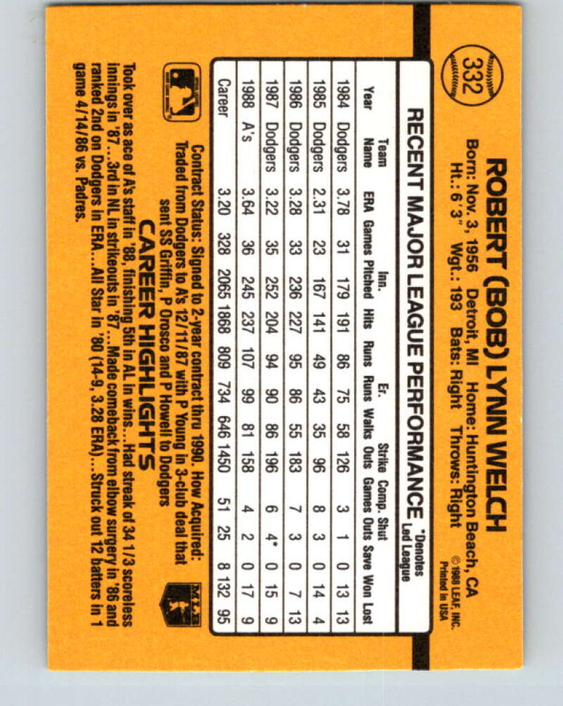 1989 Donruss #332 Bob Welch Mint Oakland Athletics  Image 2