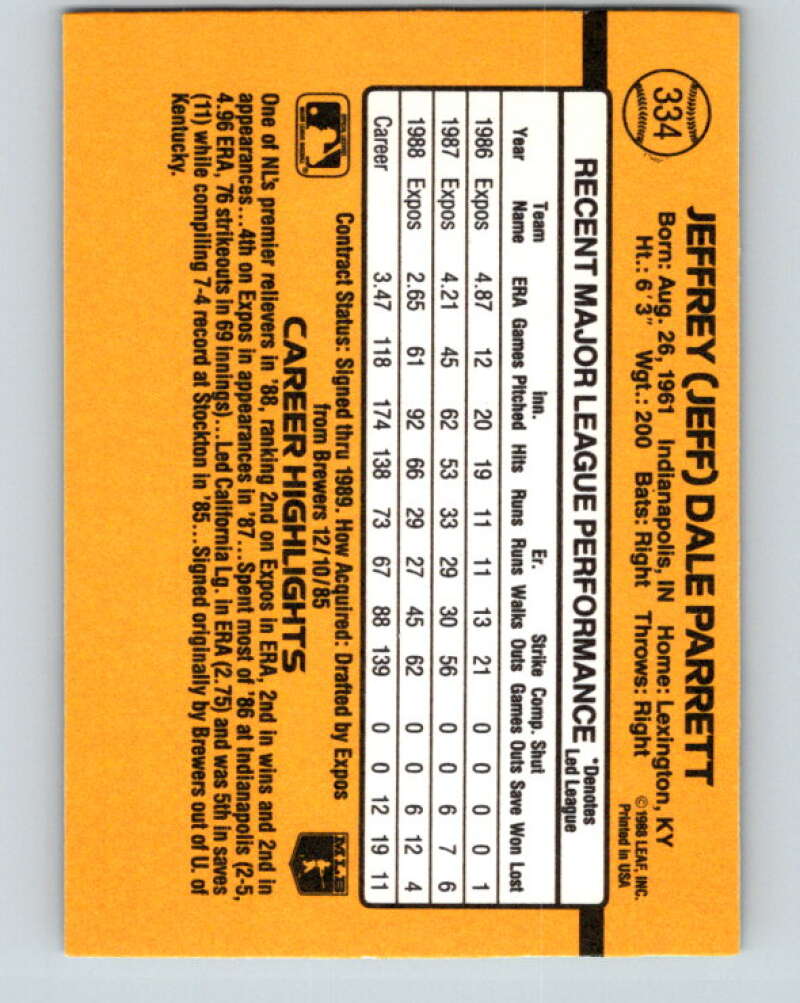 1989 Donruss #334 Jeff Parrett Mint Montreal Expos  Image 2