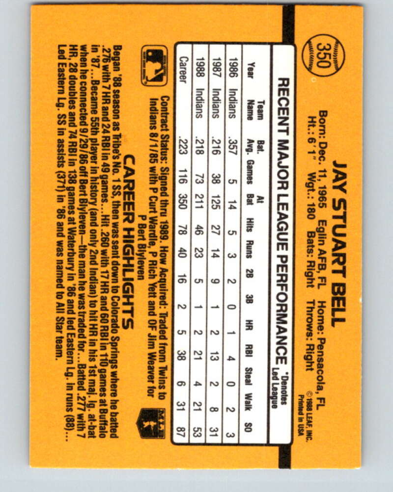1989 Donruss #350 Jay Bell Mint Cleveland Indians  Image 2