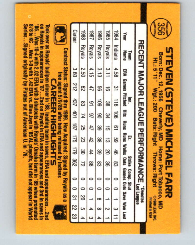 1989 Donruss #356 Steve Farr Mint Kansas City Royals  Image 2