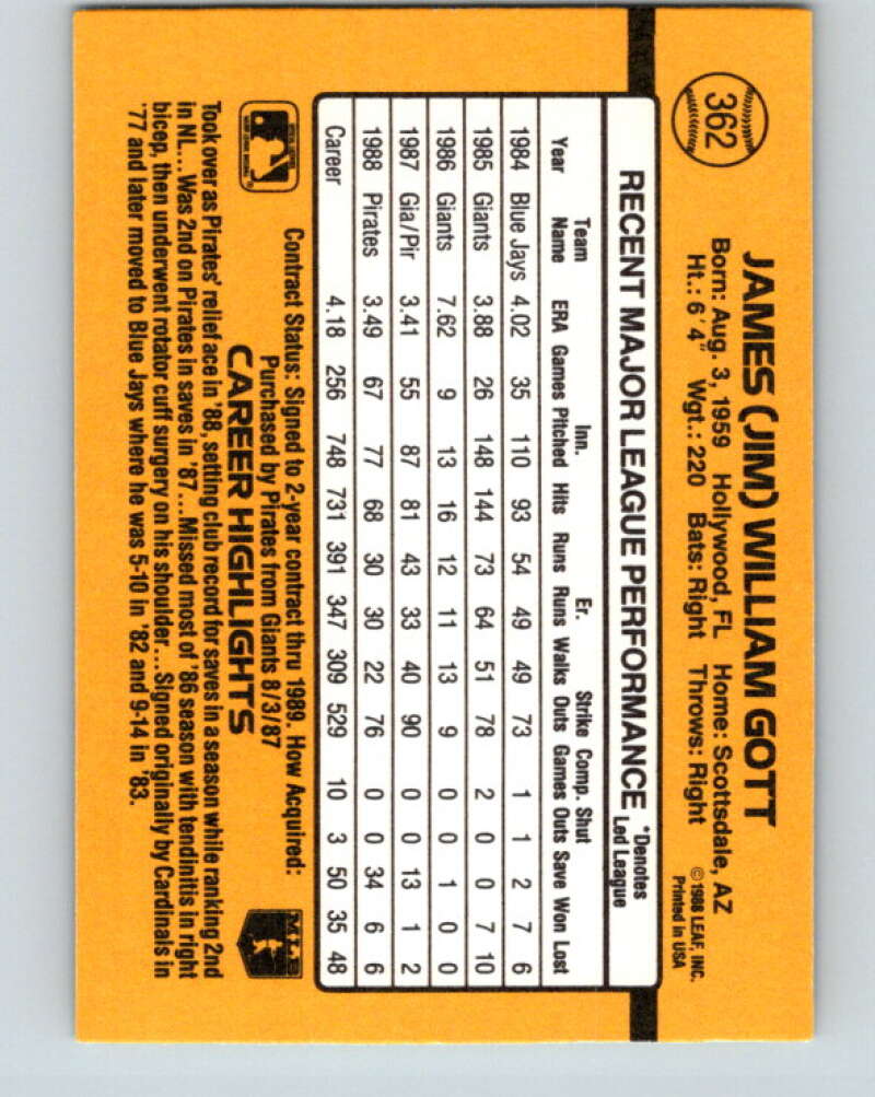 1989 Donruss #362 Jim Gott Mint Pittsburgh Pirates  Image 2