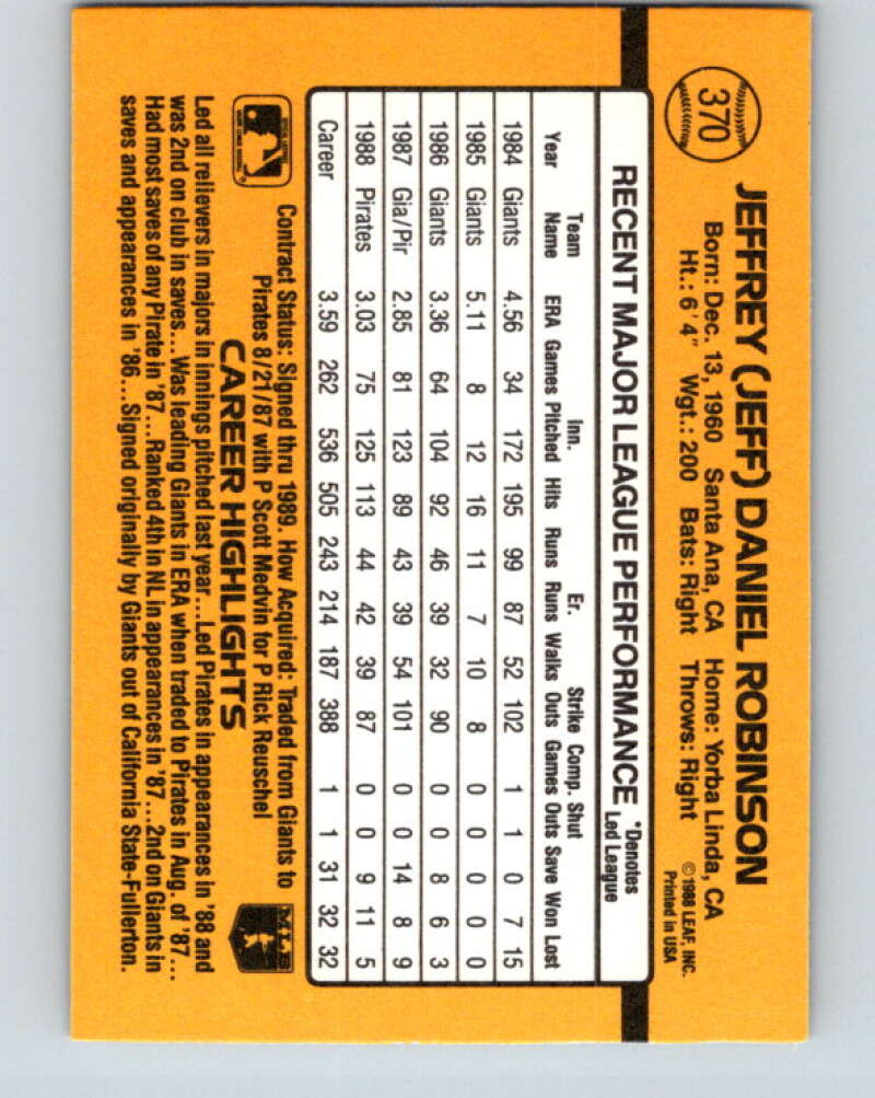 1989 Donruss #370 Jeff Robinson Mint Pittsburgh Pirates  Image 2