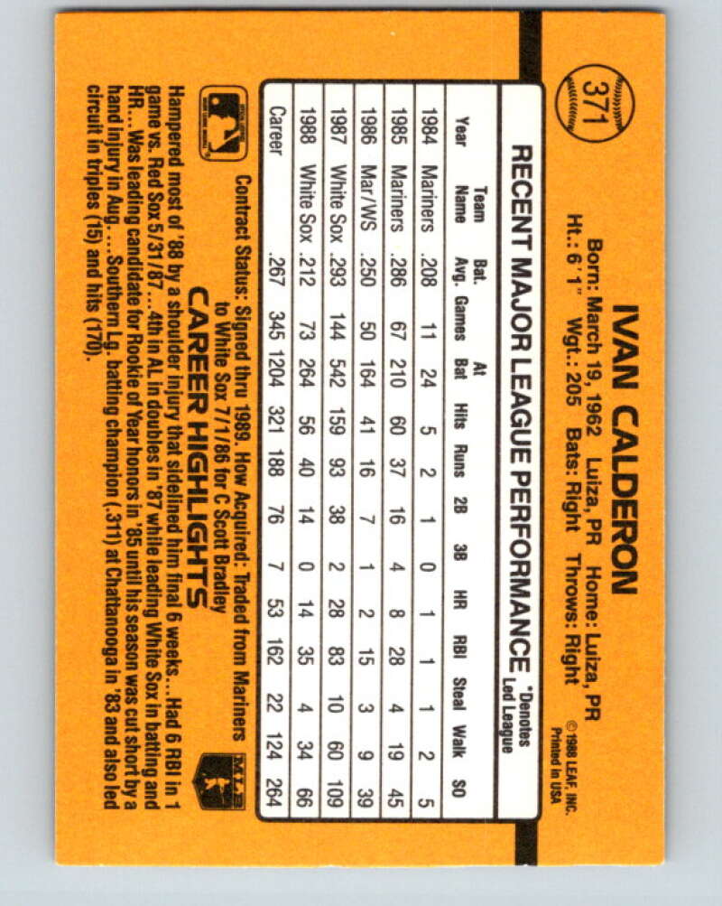 1989 Donruss #371 Ivan Calderon Mint Chicago White Sox  Image 2