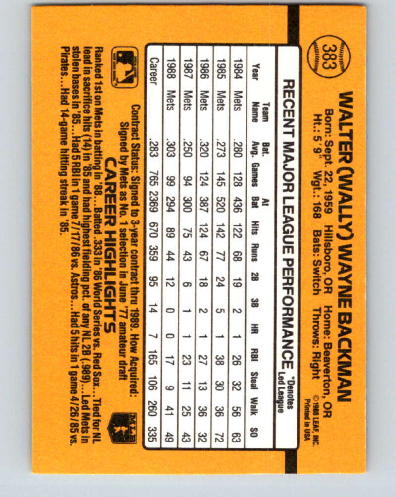 1989 Donruss #383 Wally Backman Mint New York Mets  Image 2