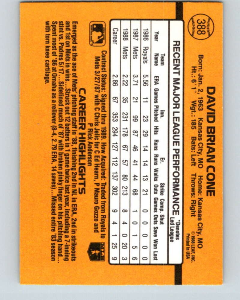 1989 Donruss #388 David Cone Mint New York Mets