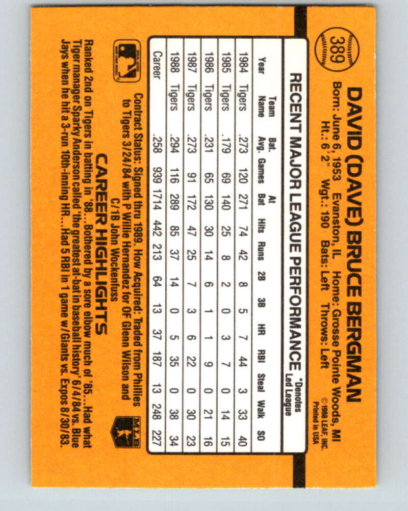 1989 Donruss #389 Dave Bergman Mint Detroit Tigers  Image 2